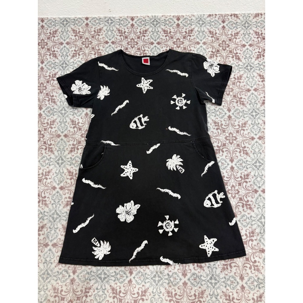 Red Ginger Cotton Stuff Black Tropical Sea Life Fish Print Pocket T-Shirt Dress